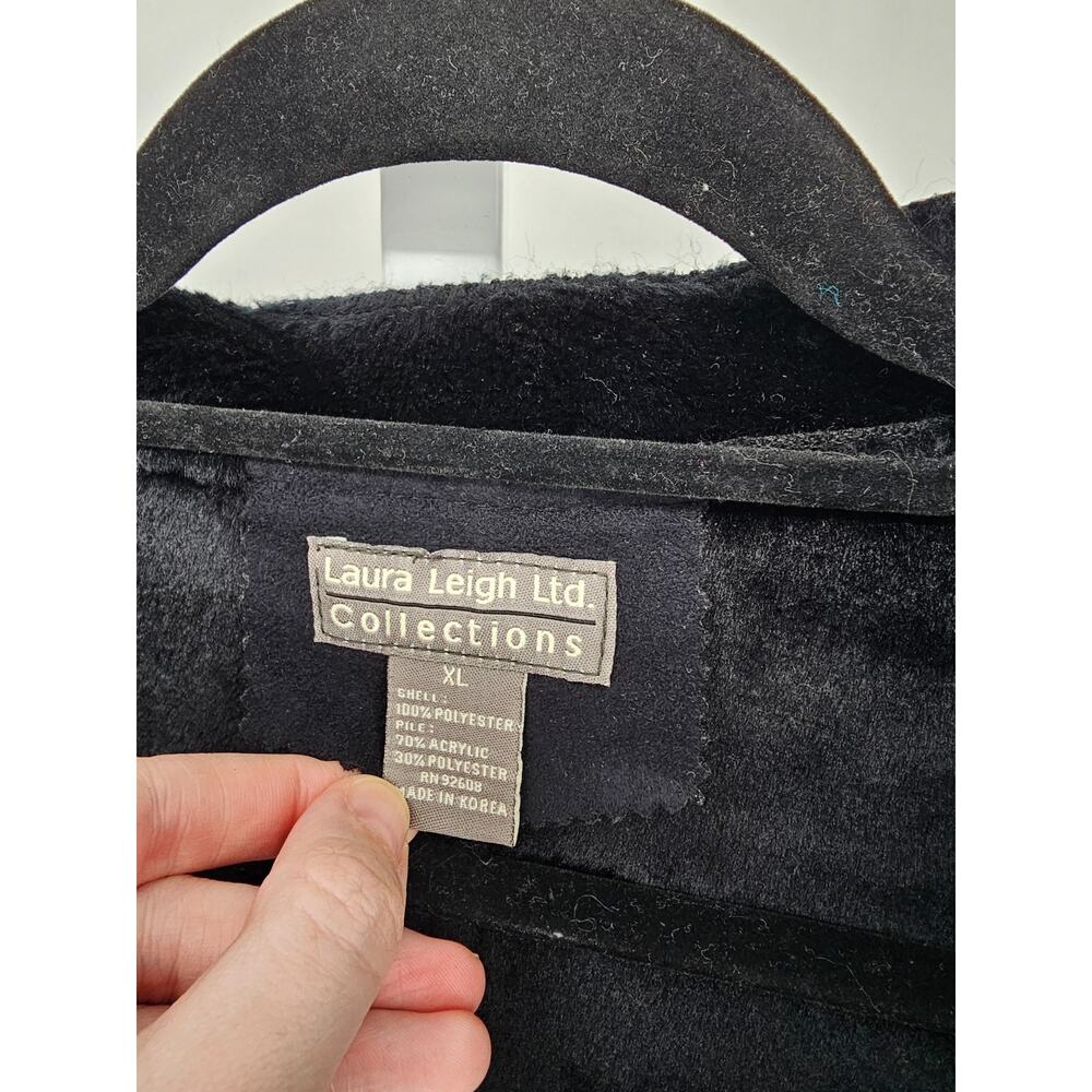 Laura Leigh Womens Sz XL Open Front Faux Suede Jacket Faux Fur Trim Black - Picture 3 of 4